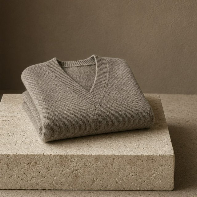 A folded unbranded merino cardigan rests on a honed limestone plinth, its chunky ribbed wool surface softly catching broad overhead diffusion and warm side bounce against a muted clay backdrop, with no tags, lettering, or graphics. — Grok Imagine Image 2