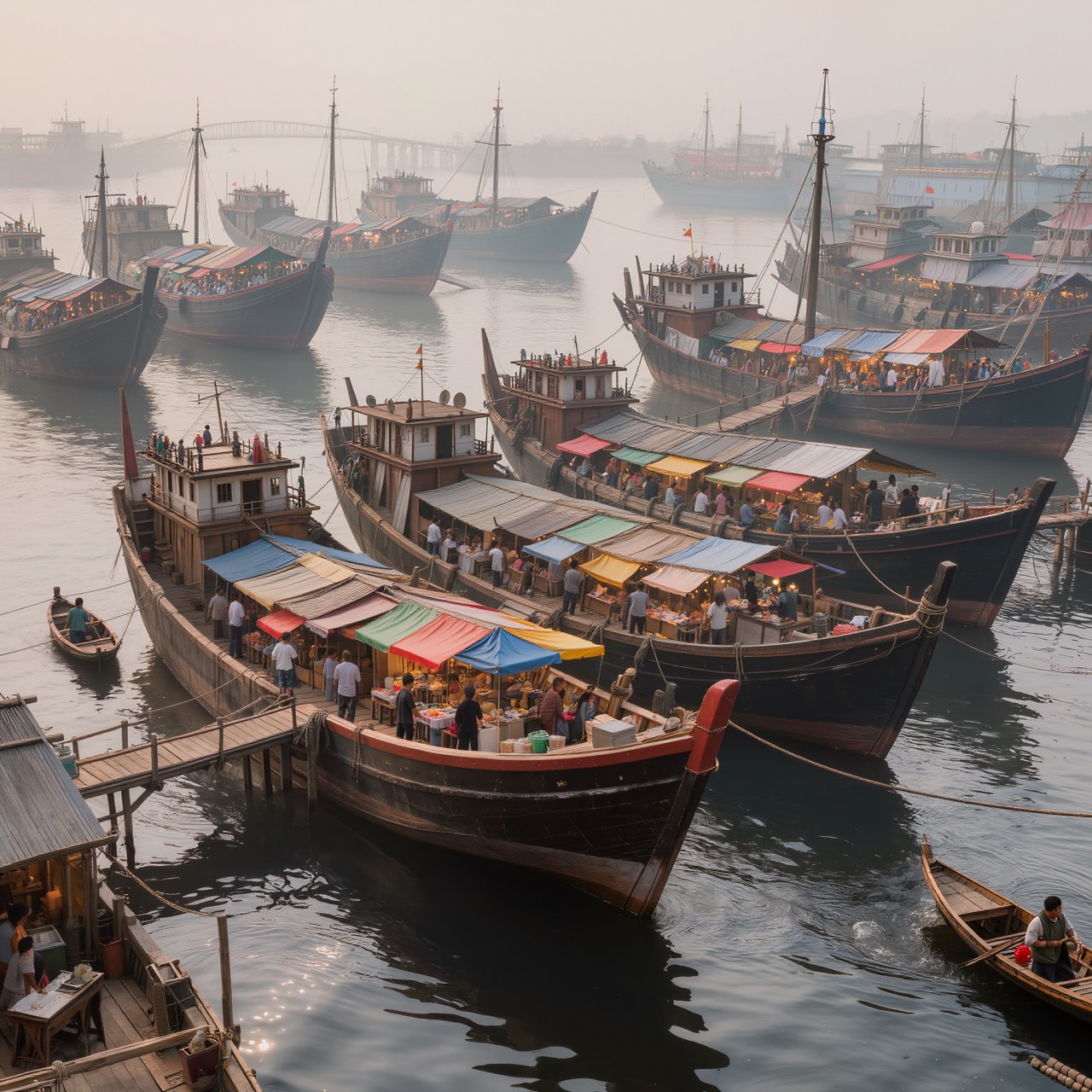 A floating market city built on the hulls of giant upturned ships, rope bridges, morning haze, wide establishing shot. — Kling v3