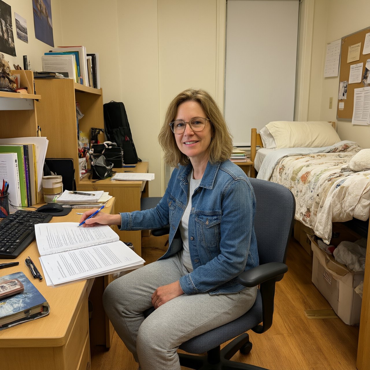 A dorm room belonging to an adult woman, photographed with a cell phone. The camera is sitting on a desk facing the empty chair and the rest of the room. — Qwen Image 3.0