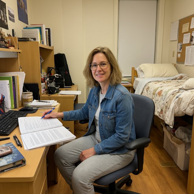 A dorm room belonging to an adult woman, photographed with a cell phone. The camera is sitting on a desk facing the empty chair and the rest of the room. — Qwen Image 3.0