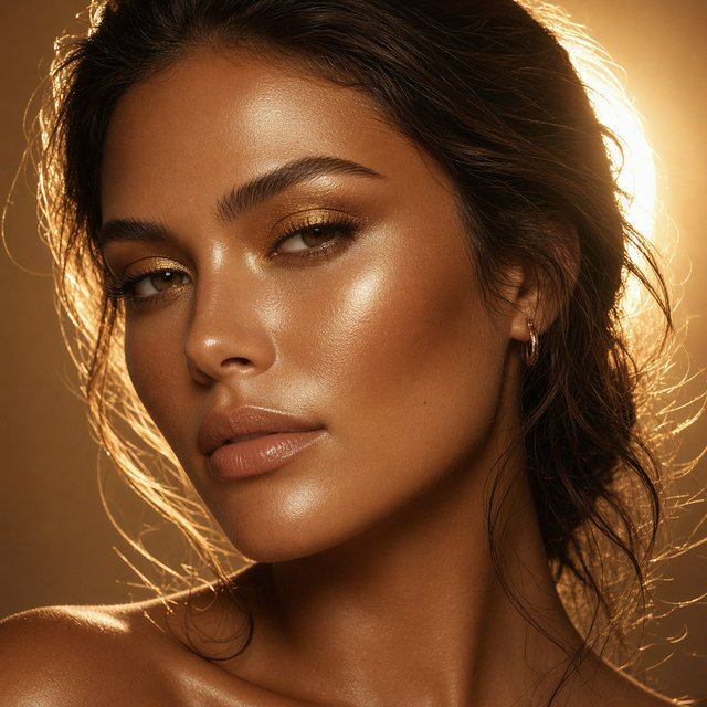 Beauty close-up of an adult woman with bronzed skin and gold eye makeup, bare shoulders, studio backlight halo, high-end campaign look. — Grok Imagine Image 2