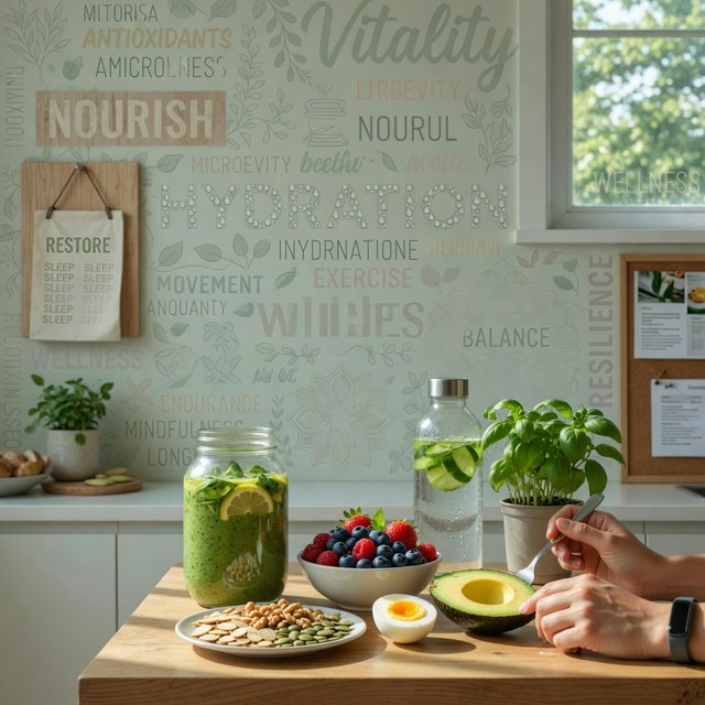 Realistic image depicting great health in many ways. In the background, words related to health are hidden in plain sight. — Grok Imagine Image Quality