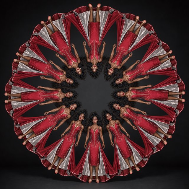 Image of a pop-dance African-American diva. The woman hangs completely inverted in mid-air, head pointing toward the floor and legs toward the ceiling. Her huge hair falls and spreads dramatically in the opposite direction, while her expression remains cool and composed. Her red gown is turned inside out, exposing its sparkling lining, seams, and construction. To push the surrealism further, a second, reversed version of her silhouette appears to peel outward from her original form, like a three-dimensional reflection escaping its owner. Multiple copies of the woman circle around a central point, each rotated to a different angle. Their flowing hair and red gowns form a pinwheel or circular vortex, creating the impression that one woman is spinning endlessly around herself. — FLUX 3 Image