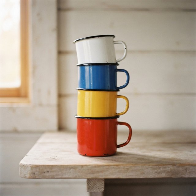 Exactly four enamel camping cups form a vertical tower on a pale wooden shelf, bottom to top: red, yellow, blue, white; all handles face right. Soft morning light, nothing else. — Nano Banana 2 Lite