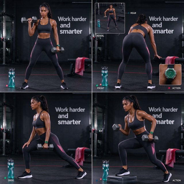 A pretty adult mixed-race woman of Korean and Black heritage, wearing fitted gym wear. Scene: a heavy workout with sweat. POV: full front, back, side, and aerial views. Near her are a unique-looking water bottle, a diamond green watch, a pink and red towel, and text in the background that says “Work harder and smarter”. — Model 18