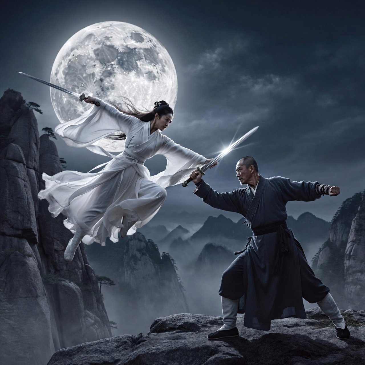 Frontal cinematic shot of two adult martial artists dueling on a cliff at night in ancient China: a female swordswoman in flowing white hanfu is airborne in a dynamic combat pose, thrusting her sword forward, while a male swordsman in traditional Taoist robes firmly parries her attack with his own blade. Moonlit night, wind sweeping their garments and hair, dramatic cliffside setting, tense face-off, elegant wuxia atmosphere, vivid motion, visually striking. — ImagineArt 2