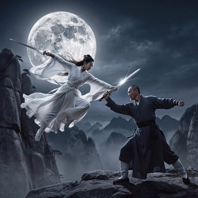 Frontal cinematic shot of two adult martial artists dueling on a cliff at night in ancient China: a female swordswoman in flowing white hanfu is airborne in a dynamic combat pose, thrusting her sword forward, while a male swordsman in traditional Taoist robes firmly parries her attack with his own blade. Moonlit night, wind sweeping their garments and hair, dramatic cliffside setting, tense face-off, elegant wuxia atmosphere, vivid motion, visually striking. — ImagineArt 2