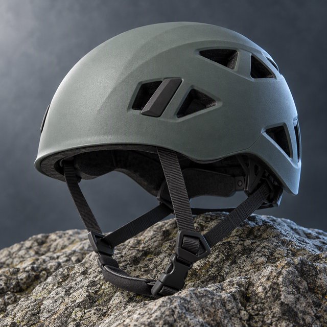 Against a muted slate backdrop, an unbranded climbing helmet with a matte recycled-polymer shell and woven nylon straps rests on rough granite; broad diffused key light and a cool rim light shape this commercial product image, with no lettering. — GPT Image 2.5 Sunburst