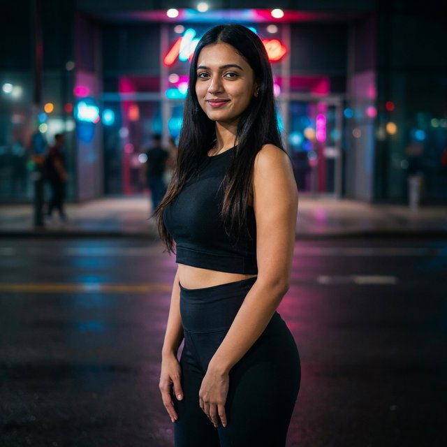 A very pretty Indian woman, 19–27 years old. She is slim with wide hips and is wearing a fitted crop top and leggings. Full-body image. Outside a nightclub. — Model 7