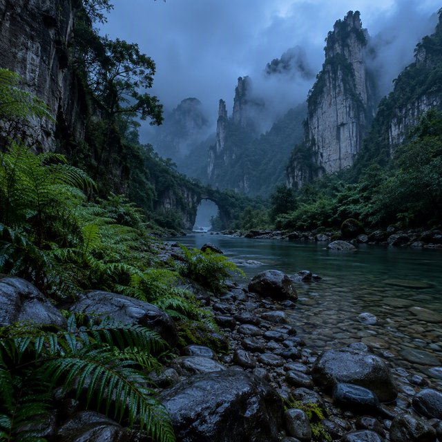 A limestone karst valley at blue hour after a light shower, towering pale cliffs rising above a clear river, low clouds snagging on pinnacles, slick ferns and rounded pebbles leading toward a distant stone arch. — GPT Image 2.5 Sunburst