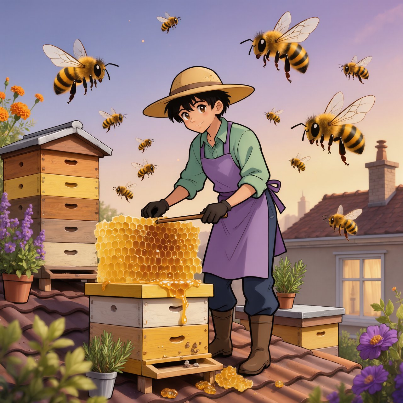Cel-shaded anime illustration of an adult rooftop beekeeper tending lively hives among marigolds and herbs at dusk, with bees drifting past distant windows. Palette of saffron, violet, mint, and midnight blue, crisp contours and gentle gradients. — Kling v3 Omni