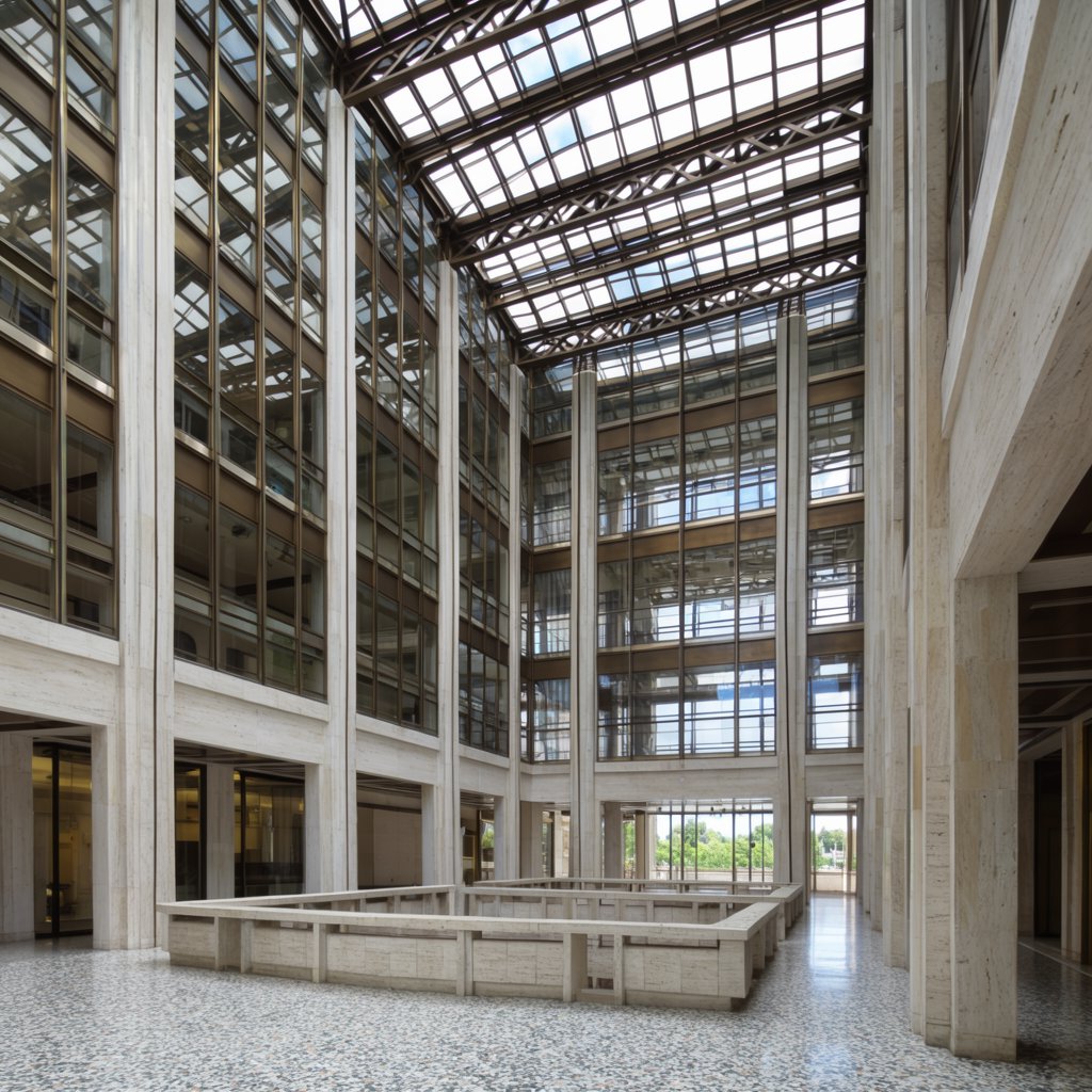 A soaring civic atrium in contemporary Italian Rationalist style pairs pale travertine, bronze mullions, and terrazzo beneath a glazed roof; cool morning light falls from above, viewed from a mezzanine, with aligned bays and credible supports. — Krea 2 Large