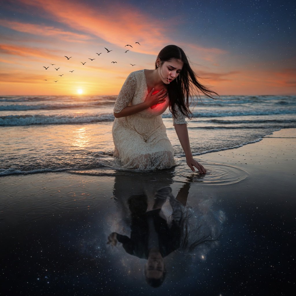 Cinematic, photorealistic artwork of a sorrowful young woman in a flowing ivory lace dress kneels in shallow surf at the waterline during sunset. Her long, windblown dark hair frames her downcast face; a tear flows down her cheek and into the water, one hand presses against her chest, glowing faintly crimson to suggest her still-beating heart, while her other fingertips touch the water. The world behind her remains beautiful: a golden sun shines over restless waves, seabirds cross the sky, and fiery peach clouds fade into star-filled indigo. In the wet sand, her reflection becomes a dark cosmic void. Stars ripple around a fading, ghostlike image of her partner deserting her and dissolving into darkness. The tear forms concentric ripples, disturbing an entire universe. Contrast warm golden life above with cool blue-black devastation below. Natural cinematic lighting, detailed water reflections, realistic anatomy, restrained grief. No text, borders, or collage. — Grok Imagine Image Quality