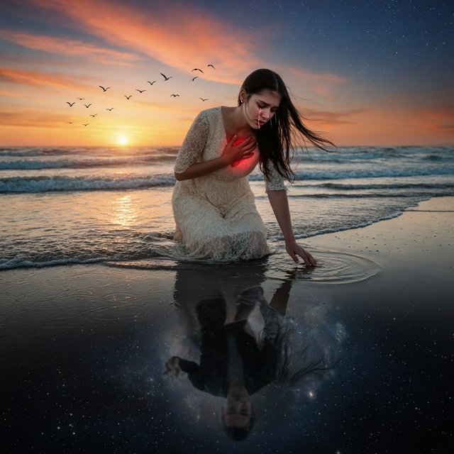 Cinematic, photorealistic artwork of a sorrowful young woman in a flowing ivory lace dress kneels in shallow surf at the waterline during sunset. Her long, windblown dark hair frames her downcast face; a tear flows down her cheek and into the water, one hand presses against her chest, glowing faintly crimson to suggest her still-beating heart, while her other fingertips touch the water. The world behind her remains beautiful: a golden sun shines over restless waves, seabirds cross the sky, and fiery peach clouds fade into star-filled indigo. In the wet sand, her reflection becomes a dark cosmic void. Stars ripple around a fading, ghostlike image of her partner deserting her and dissolving into darkness. The tear forms concentric ripples, disturbing an entire universe. Contrast warm golden life above with cool blue-black devastation below. Natural cinematic lighting, detailed water reflections, realistic anatomy, restrained grief. No text, borders, or collage. — Grok Imagine Image Quality