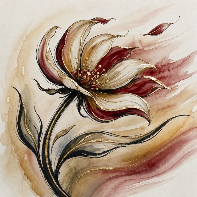 Gently sweeping forms emerge from long, subtle color transitions and soft contours. Bold ink strokes create resilient, confident edges that taper and densify in response to pressure. Raised, polished gold captures directional light in warm, metallic flashes. Luminous, rim-lit gradients blend wet-on-wet into floating patches of color, while a restrained palette of warm ochre, ivory, and deep crimson creates radiant, painterly highlights against a soft, atmospheric background. A flower in the summer wind. — FLUX 3 Image