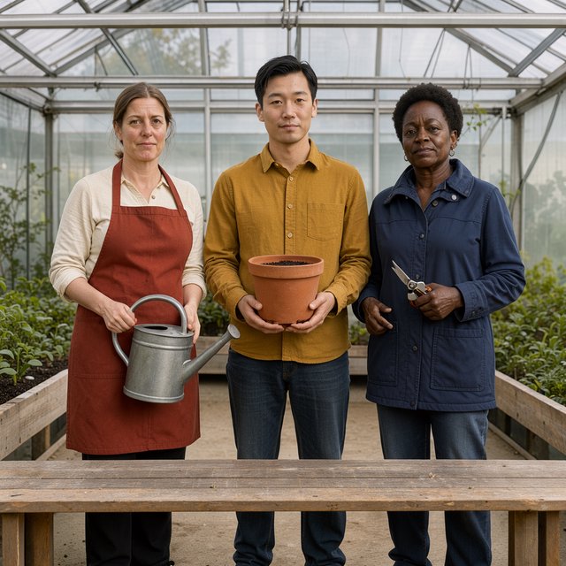 At a quiet greenhouse bench, exactly three adult botanists stand in a row: left wears a rust-red apron and holds a watering can, center wears a mustard shirt and holds a terracotta pot, right wears a navy jacket and holds pruning shears; nothing else. — FLUX 3 Image Klein