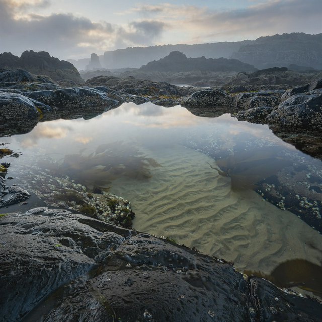 At dawn on a rugged basalt shore, a tide pool mirrors clearing rain clouds; translucent water reveals rippled sand, barnacle-crusted rock, and blurred kelp below the surface, with slick foreground stone leading toward hazy coastal cliffs. — Muse Image 1.0