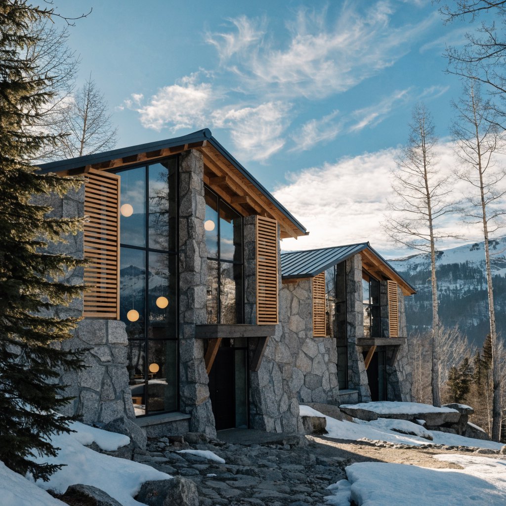 Exterior of a contemporary alpine research lodge in restrained regional modernism, rough granite walls, larch screens, steep standing-seam roof, crisp snow-bright morning light, viewed from below across a mountain footpath, sound structural geometry. — Recraft v4