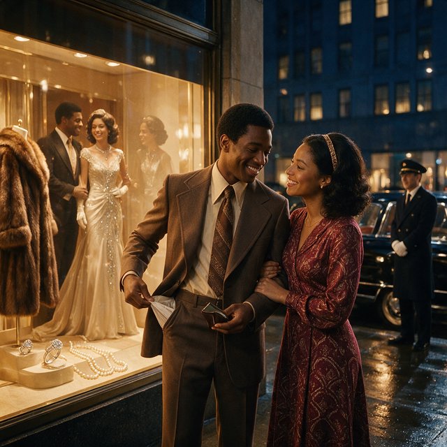 Cinematic city scene at night, with the glamour of 1970s soul romance. In the foreground, a young Black man in a modest brown wide-lapel suit smiles at his adult beloved, playfully turning out his empty trouser pocket while holding an almost-empty wallet. His adult girlfriend wears a burgundy patterned dress and delicate hairband; she holds his arm and gazes at him lovingly, unconcerned by his lack of money. Beside them, a grand department-store window glows amber, displaying a luxurious fur coat, regal evening gown, diamond rings and strings of pearls. In the glass, their reflections appear elegantly dressed, hinting at the lavish life he dreams of giving her. A polished black limousine waits at the curb beside a uniformed chauffeur. Wet pavement mirrors golden lights; deep blue city buildings balance the amber, cream and burgundy palette. Warm, joyful, sincere mood; realistic faces and hands, detailed fabrics and reflections. No text, borders or collage. — Seedream 5.0 Pro