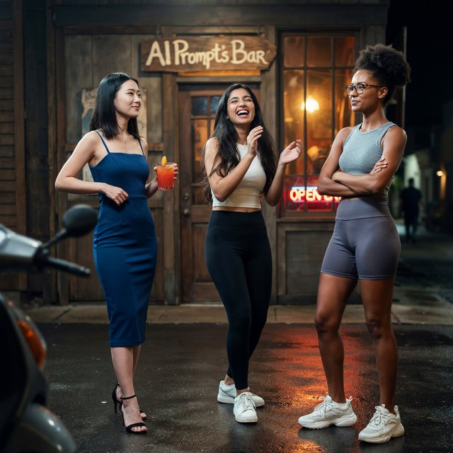 Photorealistic image, late at night. The image shows a pretty 21-year-old Japanese woman wearing a blue dress that fits her body. Next to her is a pretty 24-year-old Indian woman wearing a crop top and leggings that fit her. Another is a pretty Black woman, age 23–27, wearing gym wear and glasses. They are having a group photo in front of a bar called “AI Prompt’s Bar.” The image shows full front, back, and side views of the women. Vibe: busy friends who finally made time to hang out. — Ideogram v4