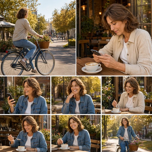 A realistic multi-panel composition with 4–7 panels, each depicting an adult enjoying a wonderful day in a distinct everyday setting. — Qwen Image 3.0 Pro