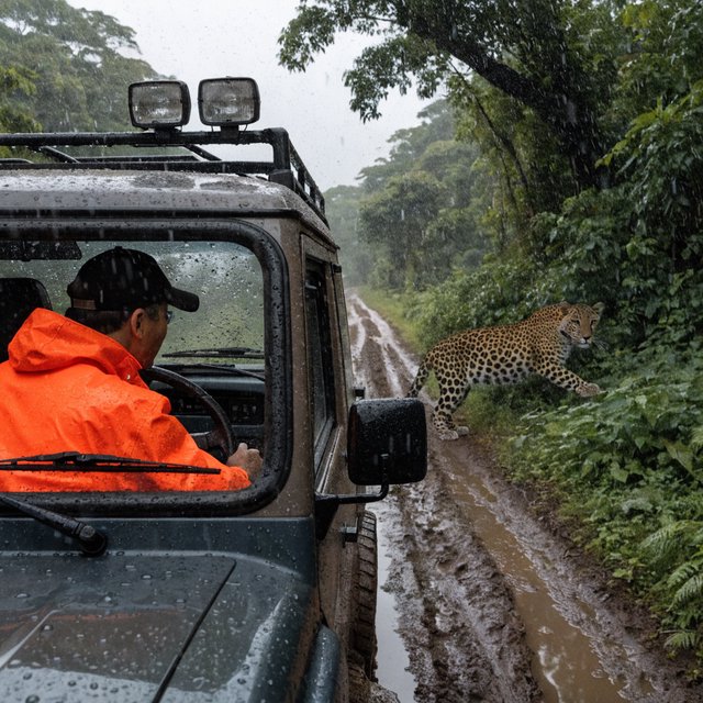 An adult on a jungle safari in his car, with a leopard lurking behind him in the bushes — Recraft v4