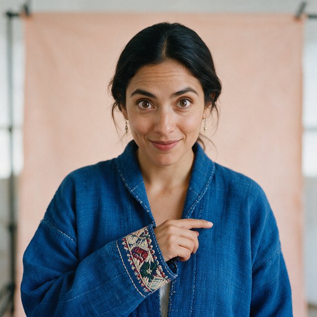 Fashion portrait of an adult Latina woman in her late 20s wearing a handwoven cobalt-blue cotton jacket, one hand touching its embroidered cuff, curious half-smile, against a pale peach studio backdrop, soft diffused window light shaping her face. — Seedream 5.0 Pro