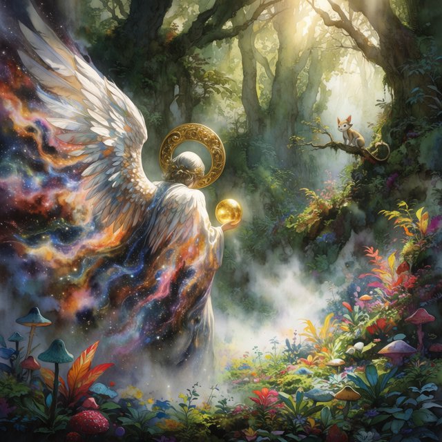 A lone angel with feathered wings, composed of swirling cosmic dust and nebulae, descends into a quiet, enchanted forest. Sunlight filters through the ancient canopy, illuminating wisps of mist and the vibrant, otherworldly plants below. The style is a fusion of hyper-detailed fantasy illustration and soft watercolor techniques, with the polished finish of concept art. — Krea 2 Large