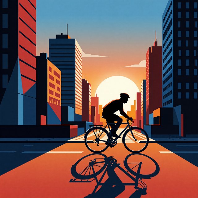 Flat vector illustration of a cyclist commuting through a city at sunrise, limited palette of five colours, geometric shapes. — ImagineArt 1.5 Pro