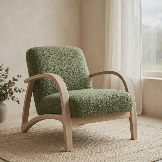 In a quiet reading-room corner, an unbranded lounge chair pairs a curved ash frame with nubby moss-green wool upholstery, set on a pale jute rug before a warm plaster wall; broad window diffusion and soft bounce shape this commercial product image, with no lettering. — Muse Image 1.0