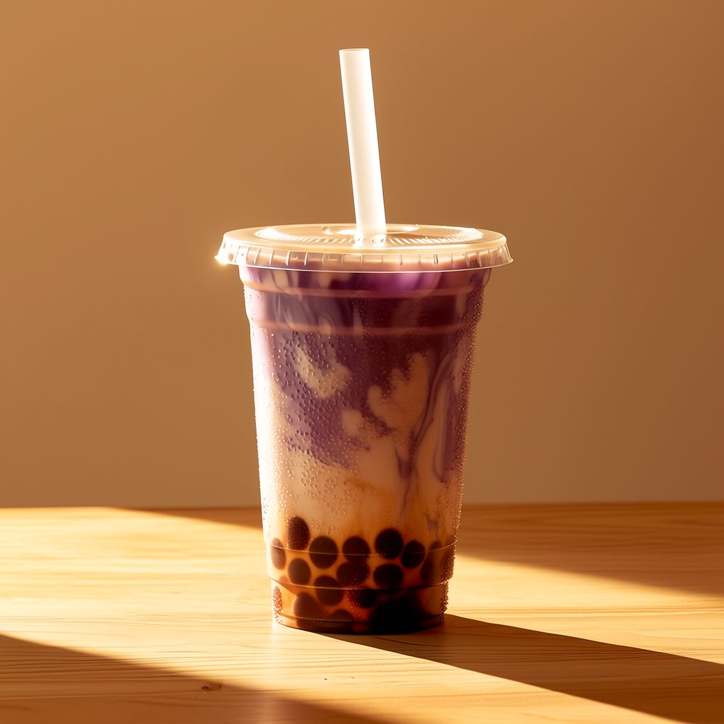 Photorealistic product shot of iced taro bubble tea in a clear frosted plastic cup, condensation beading down curved sides, wide clear straw piercing matte white domed lid. Plump dark brown tapioca pearls settled at the base, swirled creamy purple tea with soft marbled cream streaks, fine ice crystals glinting inside. Resting on weathered light oak table, soft golden hour side lighting casting gentle long shadows, warm neutral beige background. Shallow depth of field, sharp focus on glass texture and pearl details, professional food photography aesthetic, soft moody warm colour palette with rich lavender and caramel tones. — Midjourney Niji 7