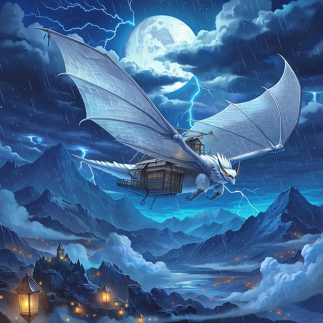 A colossal moon-moth creature glides above a stormy mountain range, its translucent wings glowing with silver veins and carrying a ruined observatory on its back. Lightning silhouettes distant peaks while amber lanterns shimmer through rain and cloud. — Midjourney Niji 7