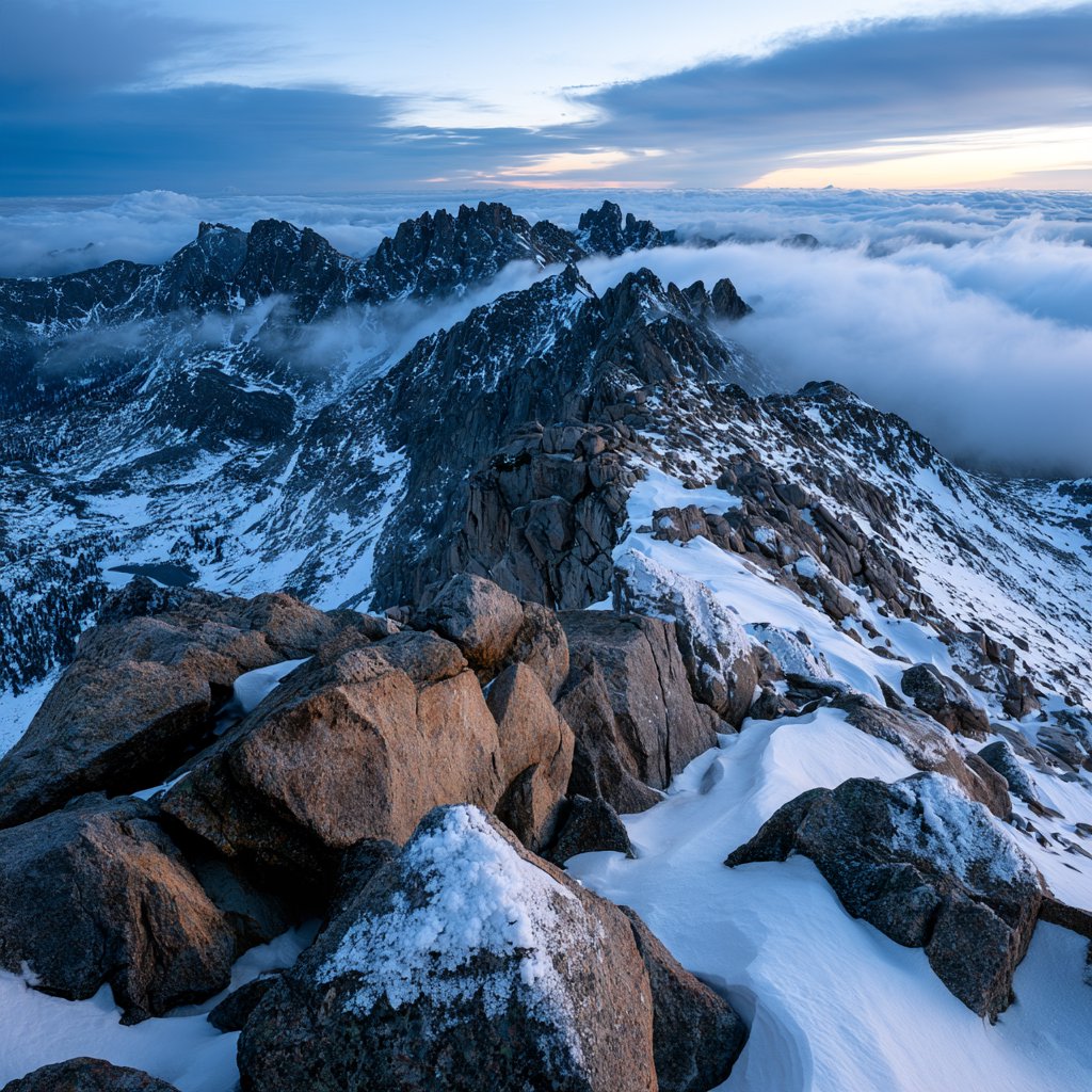Wind combs a high granite ridge above a glacial cirque at sunrise, beneath clearing snow squalls; granular rime crusts foreground boulders while successive peaks dissolve into blue cloud shadow. — Midjourney V8.2
