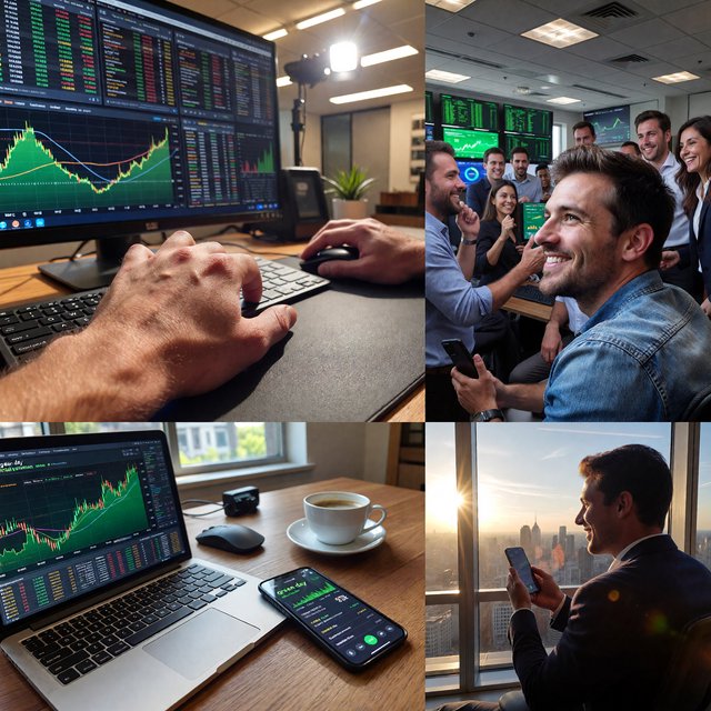 People making successful trades. A totally green day. Making a lot of money (life-changing money). At least 4 scenes. — ImagineArt 1.5 Pro