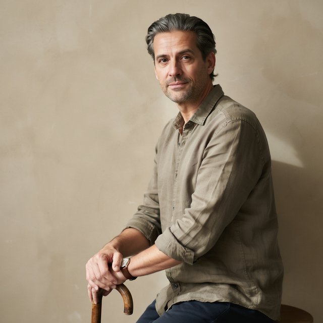 Portrait photograph of an adult man in his 40s with silver-streaked hair, wearing a textured olive linen shirt and rolled sleeves, hands resting on a wooden cane, relaxed expression, ochre plaster backdrop, soft window light from the side. — Ideogram v4