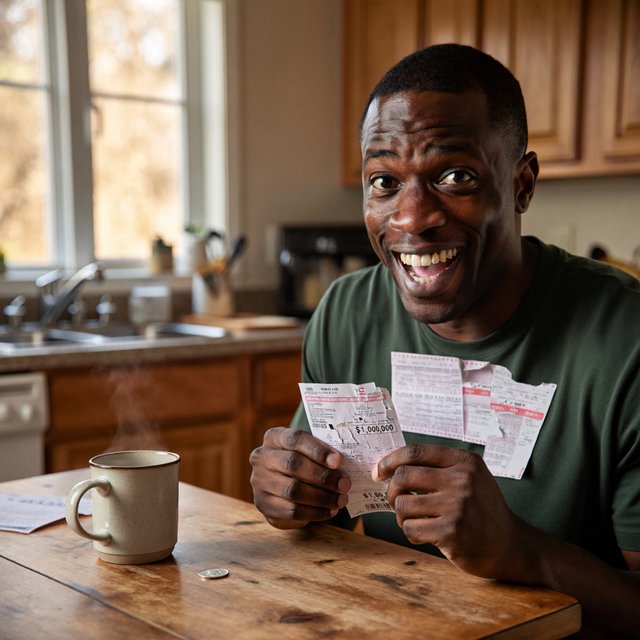 A realistic scene of a random adult person, either Black, white, or Asian, scratching a scratch ticket and discovering that they have won one million dollars. — ImagineArt 2