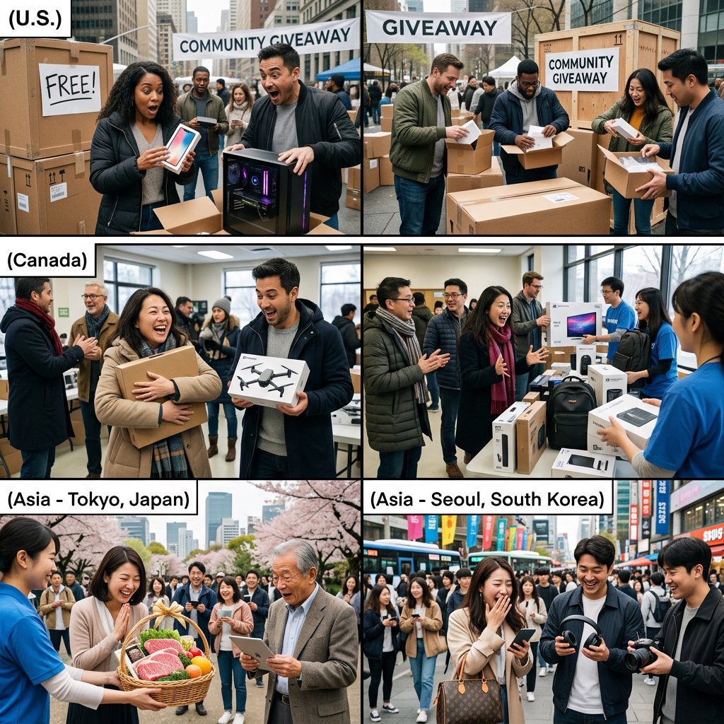 Realistic. Adults in the U.S., Canada, and Asia getting a ton of expensive free stuff (phones, PCs, nice food, and all kinds of other things). 4–6 panels. The adults react in the way one would expect as a result. — Nano Banana 2.1