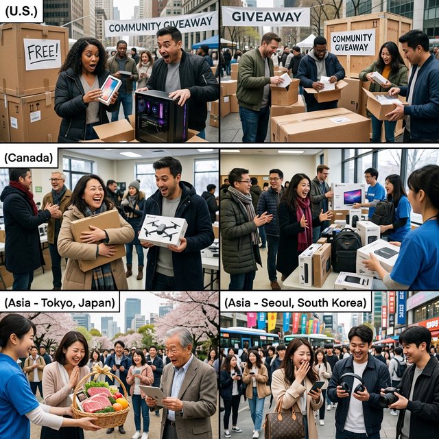 Realistic. Adults in the U.S., Canada, and Asia getting a ton of expensive free stuff (phones, PCs, nice food, and all kinds of other things). 4–6 panels. The adults react in the way one would expect as a result. — Nano Banana 2.1