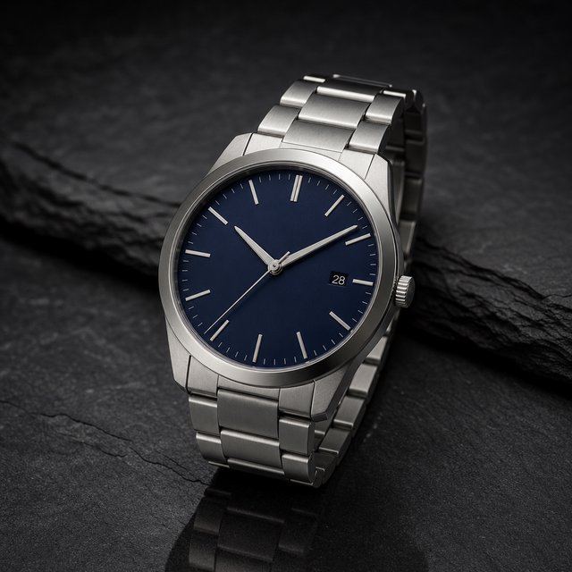 Product shot of a minimalist steel wristwatch with a navy dial on dark slate, single softbox from the upper left, subtle reflection. — GPT Image 2