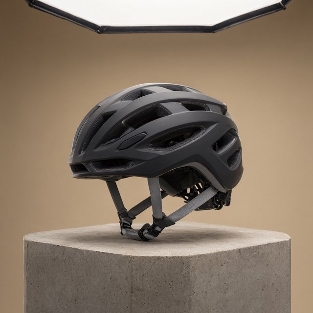 Commercial product photograph of an unbranded folding bicycle helmet made from matte charcoal polymer with soft gray padding, resting on a honed concrete plinth against a muted sand background, illuminated by a broad overhead softbox and gentle rim light. — Qwen Image 3.0 Pro
