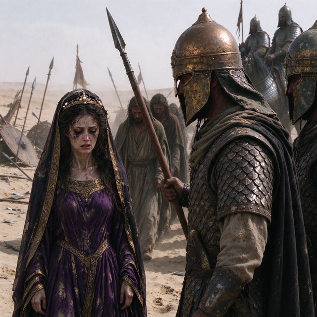 Film capture. Cinematic scene of the Byzantine empress being captured by Sassanid cataphracts. Harsh desert lighting. Shallow depth of field. The image takes place in the aftermath of a battle. All of the subjects are dusty and disheveled. — Seedream 5.0 Flash
