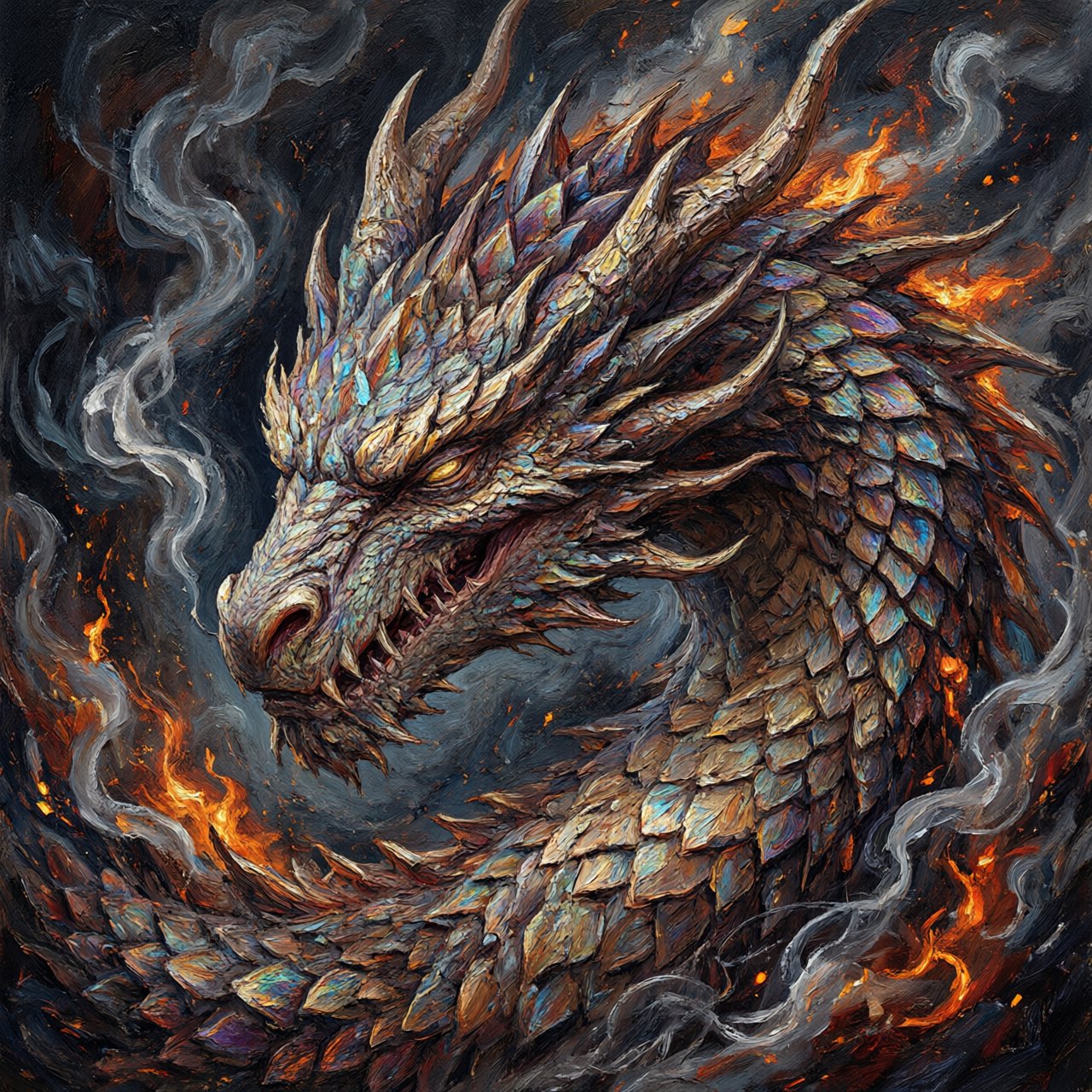 An abstract tapestry woven from the dreams of a sleeping dragon, depicted as a chaotic yet beautiful explosion of iridescent scales, fiery embers, and swirling smoke. The composition is dynamic and energetic, with bold brushstrokes and a rich, textured surface. The style is abstract expressionism, capturing the raw, untamed essence of draconic power. — Qwen Image 3.0 Pro