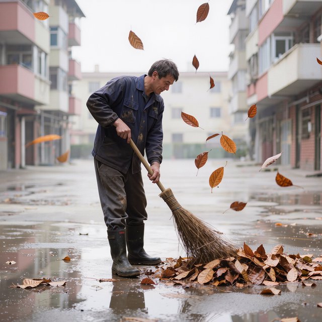 Candid documentary photograph of an adult groundskeeper sweeping damp leaves from an apartment courtyard, pale overcast morning light, 35mm lens with moderate depth of field, a few leaves caught midair in motion blur. — Kling v3