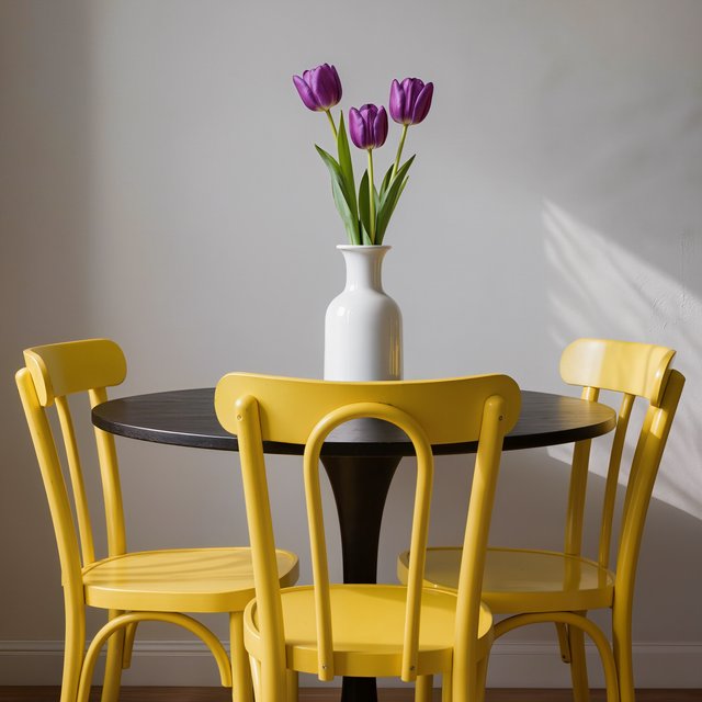 Exactly four yellow wooden chairs surround a round black table: two chairs at the front, one on the left, and one on the right. A white vase with three purple tulips sits at the table center, nothing else. — Kling v3