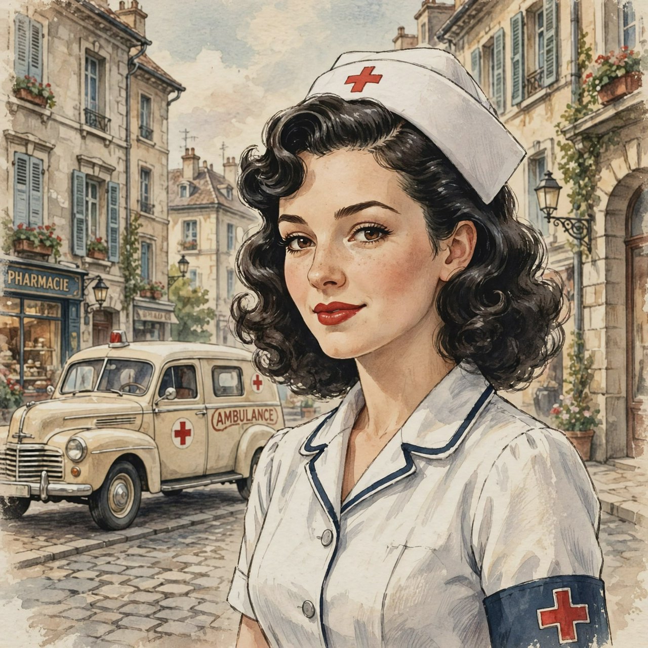 A digital illustration depicts an attractive vintage-style nurse with fair skin and dark, curly hair styled in waves reminiscent of past decades. She wears red lipstick, a white nurse's cap, a uniform, and a cross emblem on her sleeve. A classic European street scene featuring an ambulance and old buildings forms the background. — Muse Image 1.0