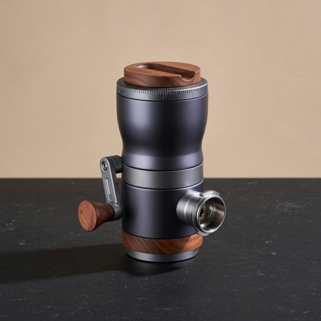 Commercial product photograph of an unbranded portable espresso grinder crafted from anodized aluminum with walnut accents, resting on a black stone surface against a warm beige background, illuminated by broad diffused studio light and a subtle edge highlight. — Grok Imagine Image Quality