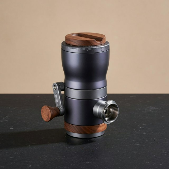 Commercial product photograph of an unbranded portable espresso grinder crafted from anodized aluminum with walnut accents, resting on a black stone surface against a warm beige background, illuminated by broad diffused studio light and a subtle edge highlight. — Grok Imagine Image Quality