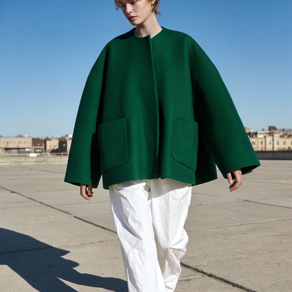 Full-length fashion editorial: model in a structured emerald wool coat and white trousers walking across a wide empty plaza, harsh midday sun, long shadow. — Krea 2 Large