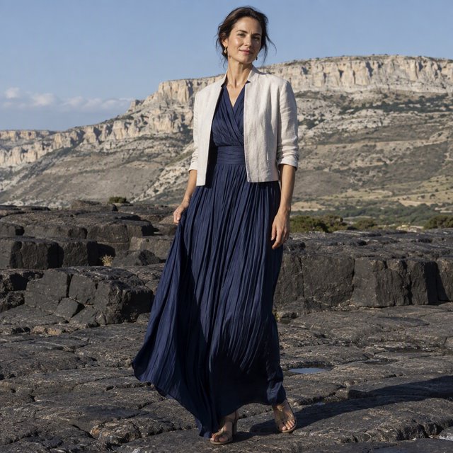 Across a basalt terrace, an adult woman in her early forties poses in a full-length fashion photograph, wearing a pleated indigo silk dress and cropped linen jacket, her composed half-smile lit by hard afternoon sunlight from one side against a pale limestone ridge. — GPT Image 2.5 Sunburst