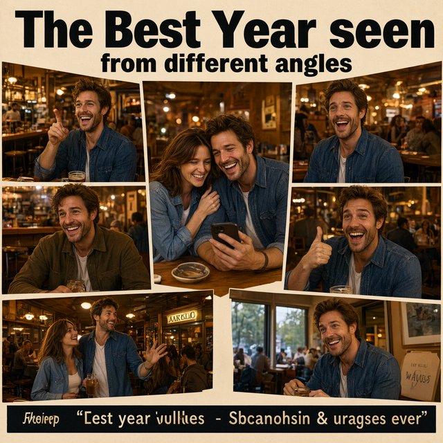 A realistic image where the theme is all about people having the best year ever. 4–6 moments seen from different angles. At the top it says, "The Best Year seen from different angles". — Qwen Image 3.0 Pro